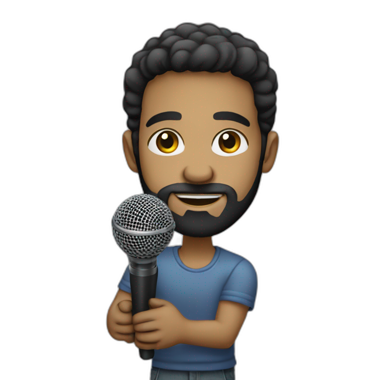 emoji-of-a-young-bald-brazilian-man-holding-a-microfone-like-a-jazz-singer,-with-a-black-beard-and-dark-eyes,-emoji
