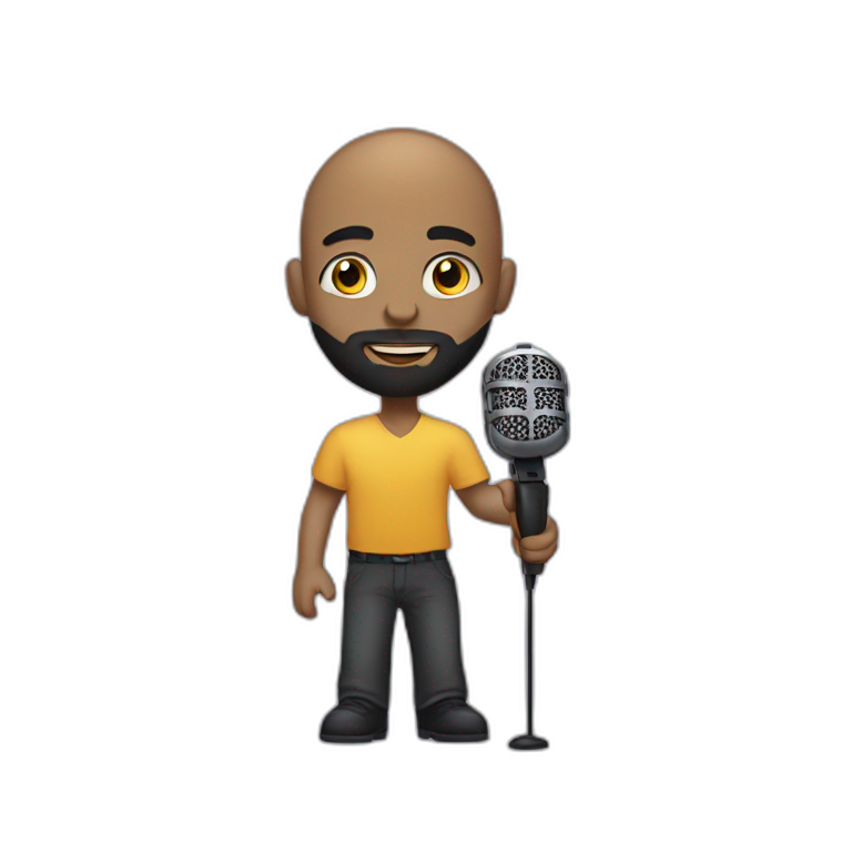 emoji-of-a-young-bald-brazilian-man-holding-a-microfone-like-a-jazz-singer,-with-a-black-beard-and-dark-eyes,-bald-young-man-emoji