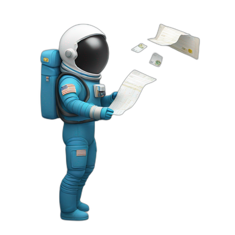 astronaut-man-no-face-blue-and-black-suit-taking-long-paper-receipt-flying-emoji
