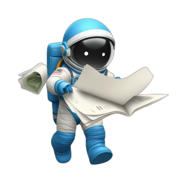 astronaut-man-no-face-blue-and-black-suit-taking-long-paper-bill-flying-emoji