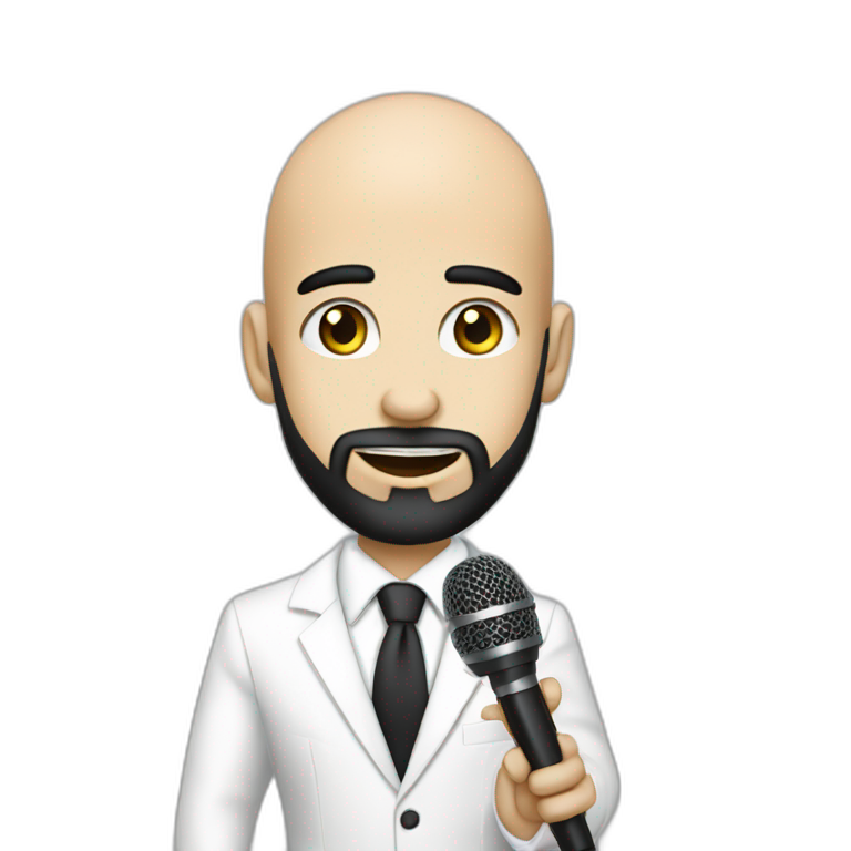emoji-of-a-head-of-a-young-bald-brazilian-man-holding-a-microfone-like-a-singer,-with-a-black-beard-and-dark-eyes,-wering-a-modern-white-suit-emoji