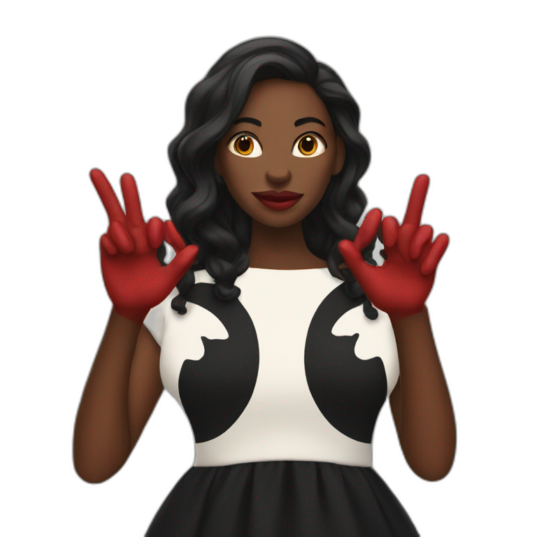 a-black-woman-with-oversized-red-flowing-in-a-black-dress-giving-peace-symbol-with-fingers-emoji