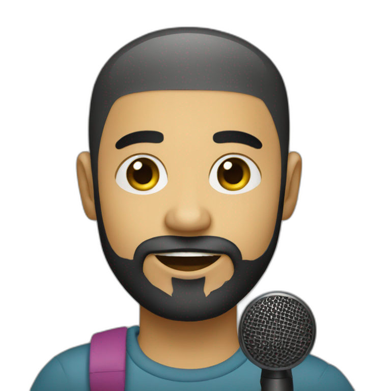 emoji-of-a-young-bald-brazilian-man-holding-a-microfone-like-a-singer,-with-a-black-beard-and-dark-eyes,-emoji