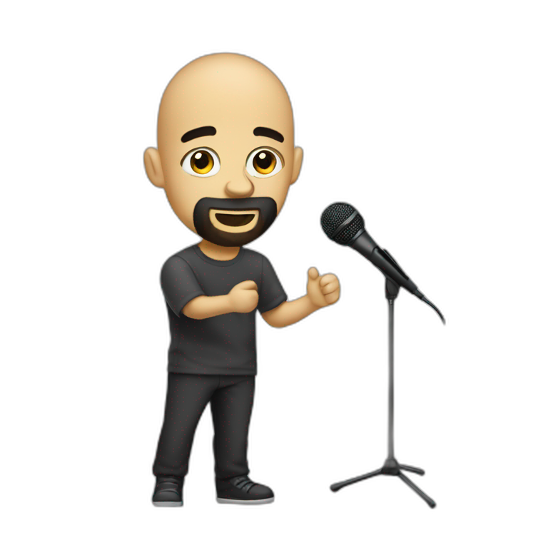 emoji-of-a-bald-young-brazilian-man-holding-a-microfone-like-a-singer,-with-a-black-beard-and-black-eyes,-emoji
