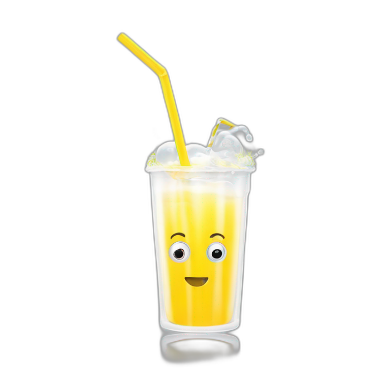 transparent-white-3d-bubble-with-eyes-and-smile-drinking-yellow-juice-through-a-straw-on-white-background,-minimalist-style-emoji